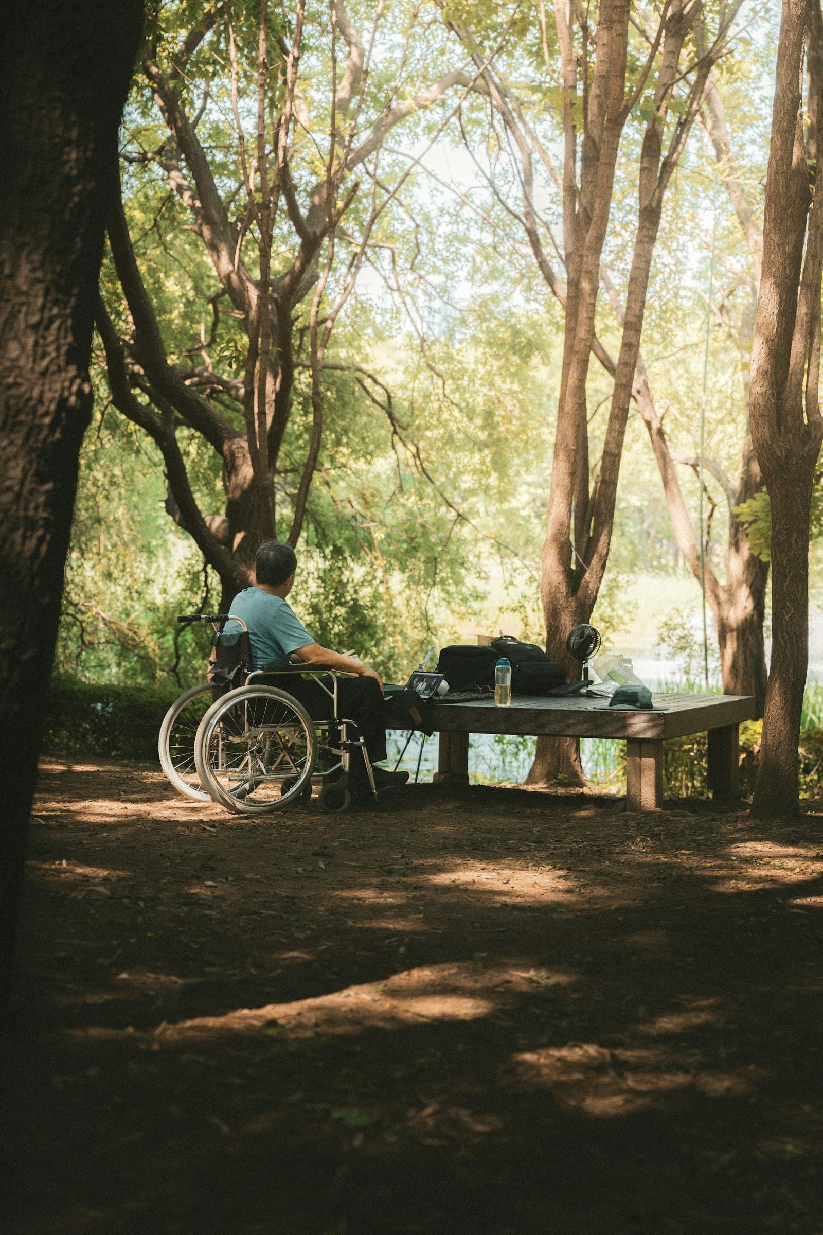 A man in a wheelchair at a picnic table by a lake, in dappled light under willow trees.